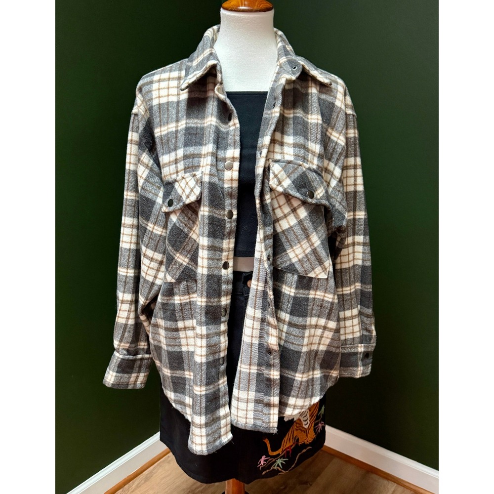 Dizzy Lizzy Oversized Plaid Gray, Brown & White Flannel Shacket Women's XL